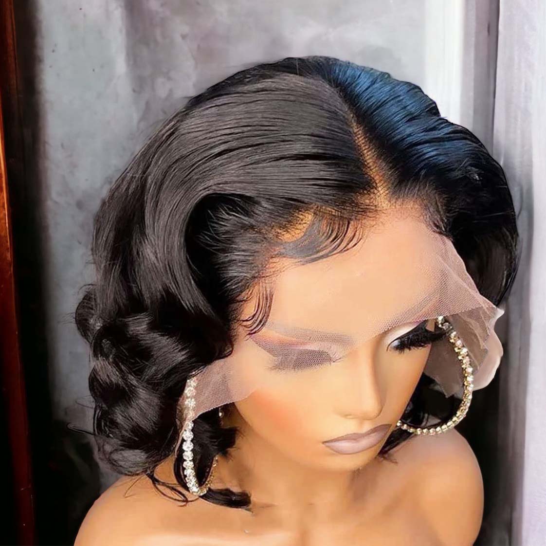 Women Black Human Hair 13X6 Transparent Lace Short Bouncy Curly