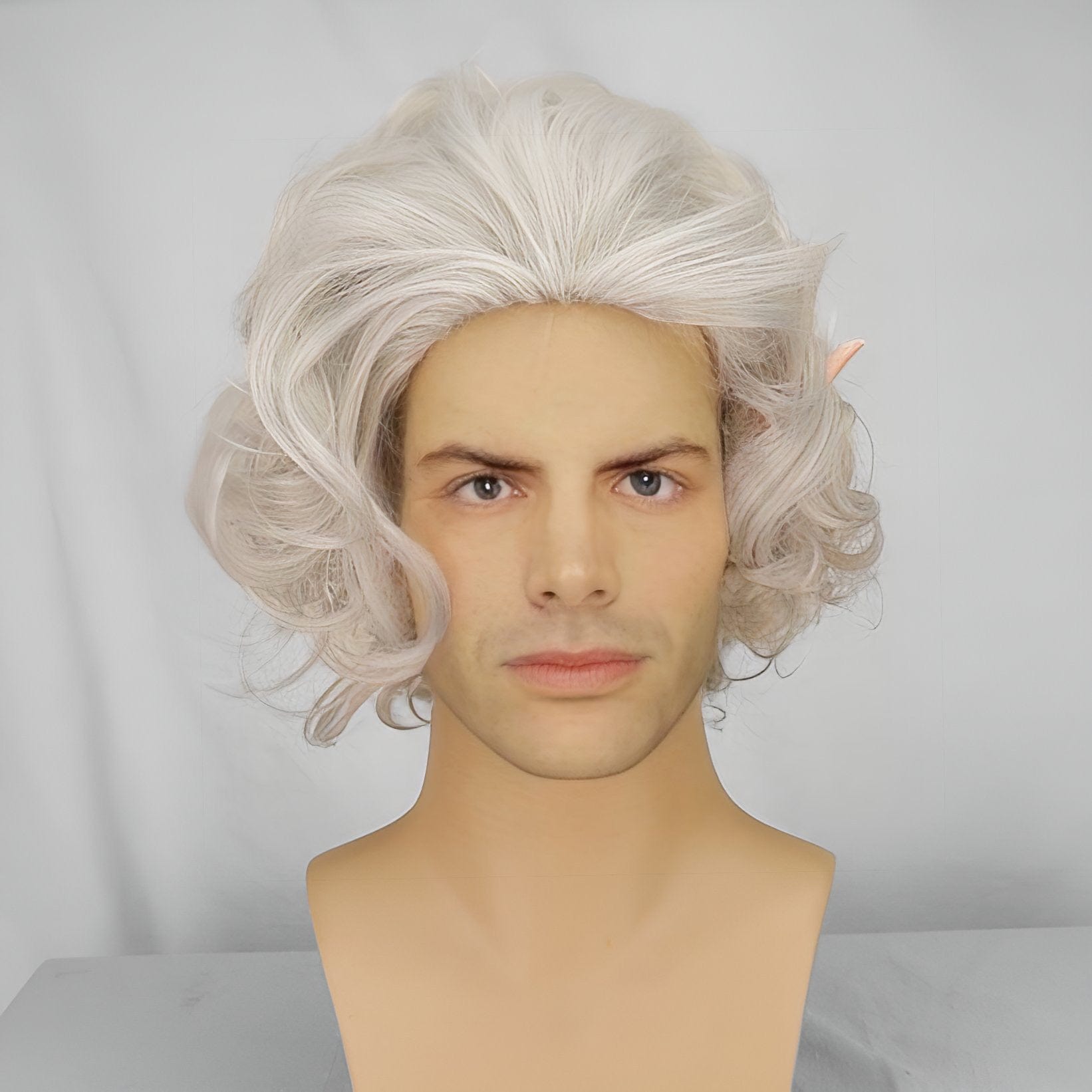 Astarion wig for men silver white short curly slicked with ears