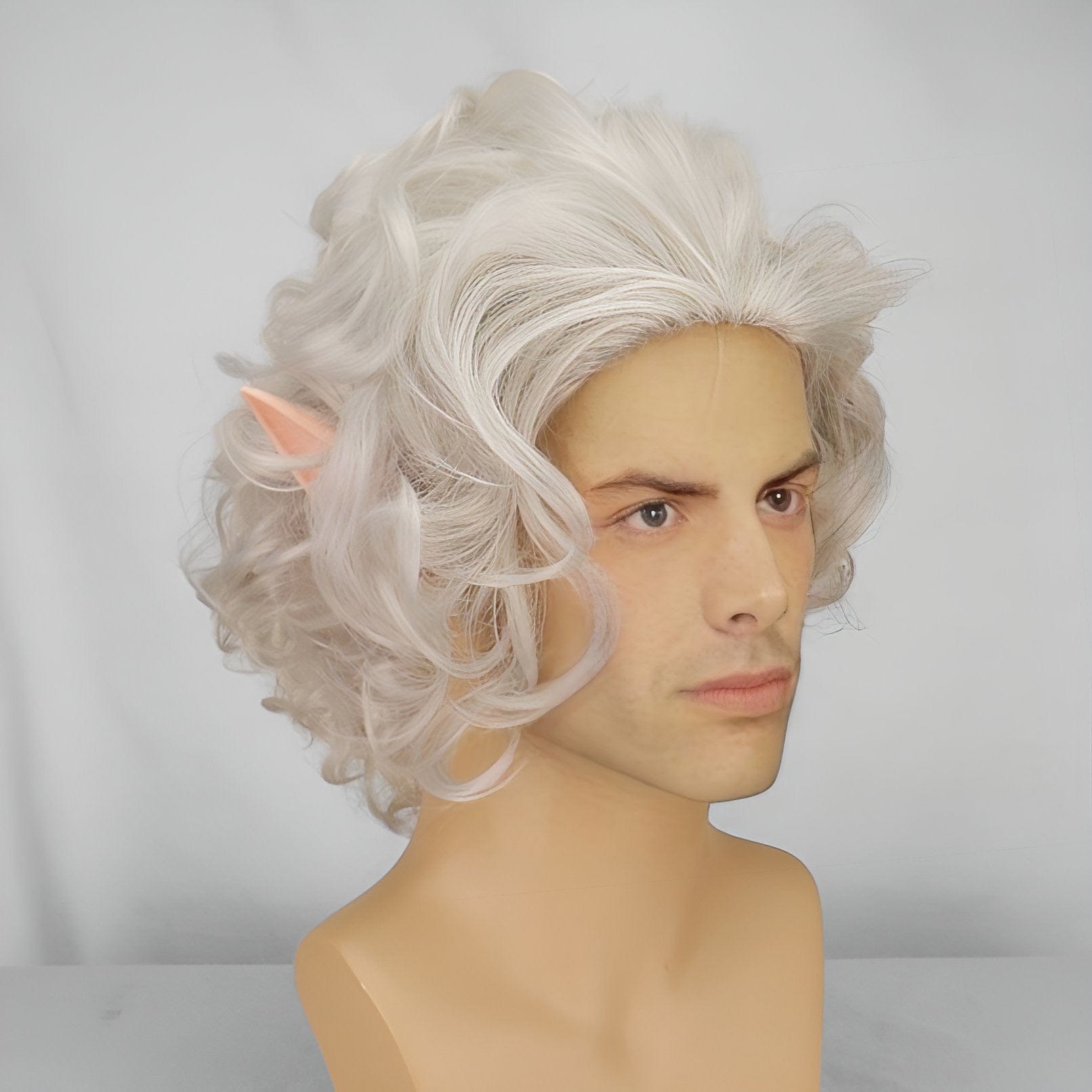 Astarion wig for men silver white short curly slicked with ears