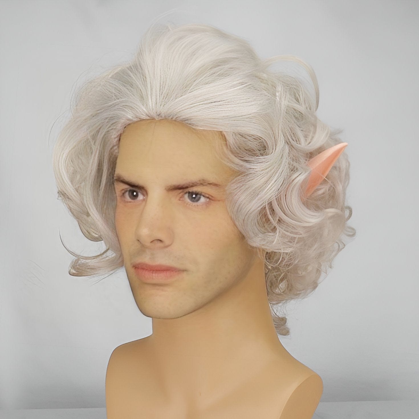 Astarion wig for men silver white short curly slicked with ears