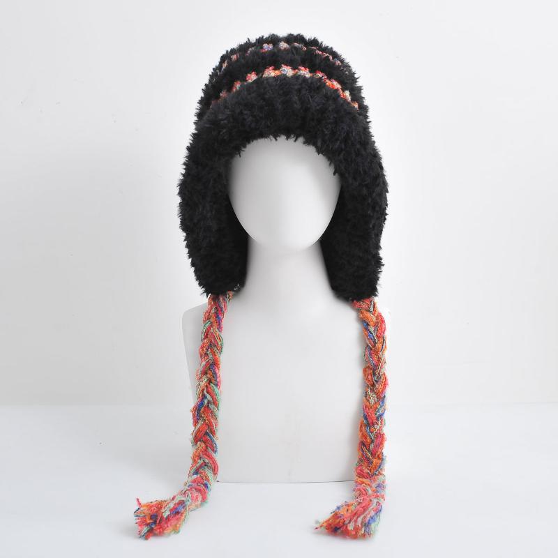 Women Black Knit Beanie Winter Snow Hat Cover Ears Flaps Long Tassels