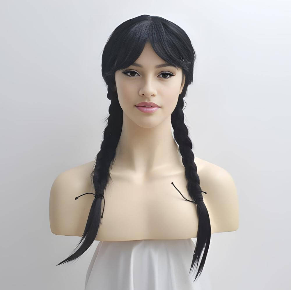 Wednesday Addams Wig Black Long Braided Ponytails Cosplay Halloween Costume Gothic For Women