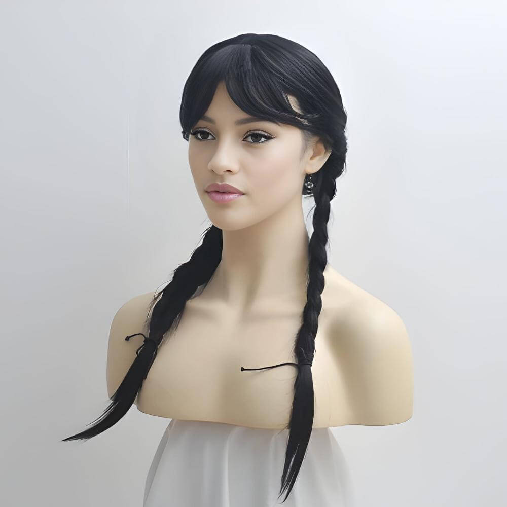 Wednesday Addams Wig Black Long Braided Ponytails Cosplay Halloween Costume Gothic For Women