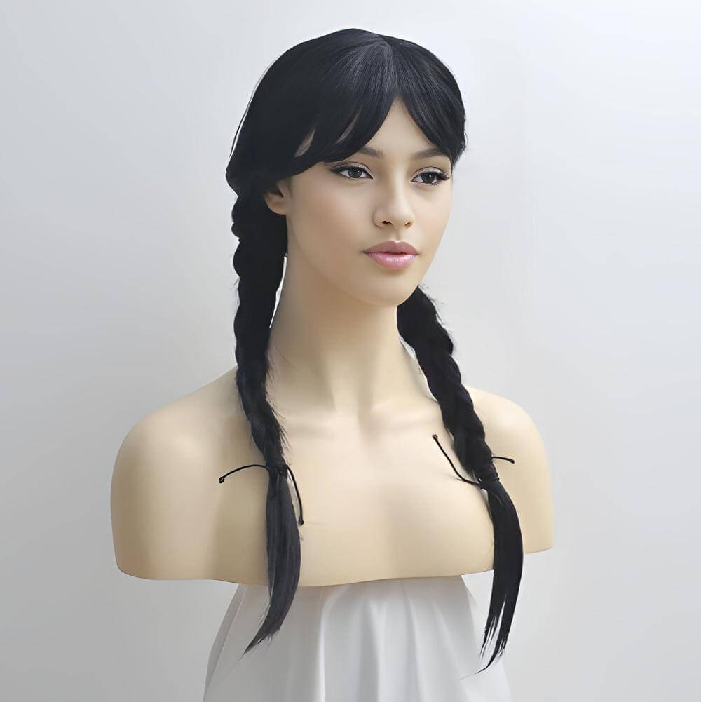 Wednesday Addams Wig Black Long Braided Ponytails Cosplay Halloween Costume Gothic For Women