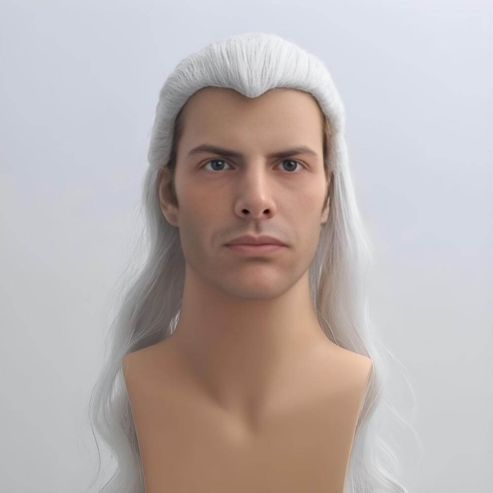 Witcher Cosplay Wig Men Silver White Widow's Peak Long Curly For Halloween Costume 