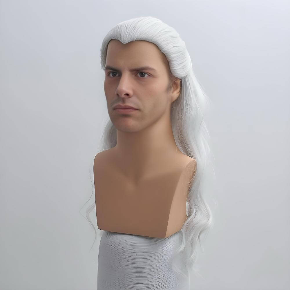 Witcher Cosplay Wig Men Silver White Widow's Peak Long Curly For Halloween Costume 