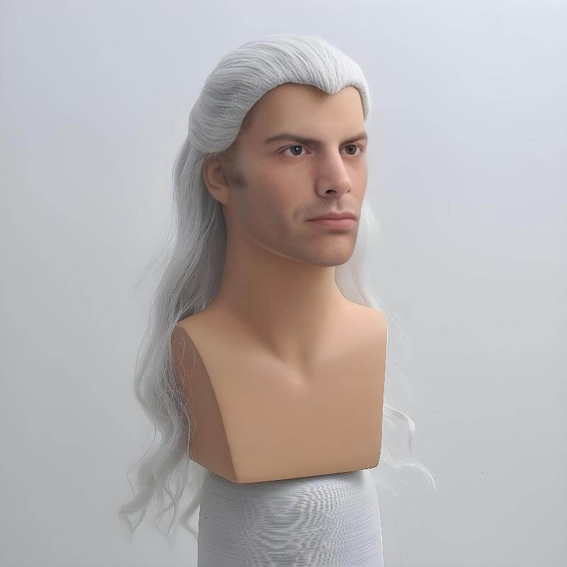 Witcher Cosplay Wig Men Silver White Widow's Peak Long Curly For Halloween Costume 