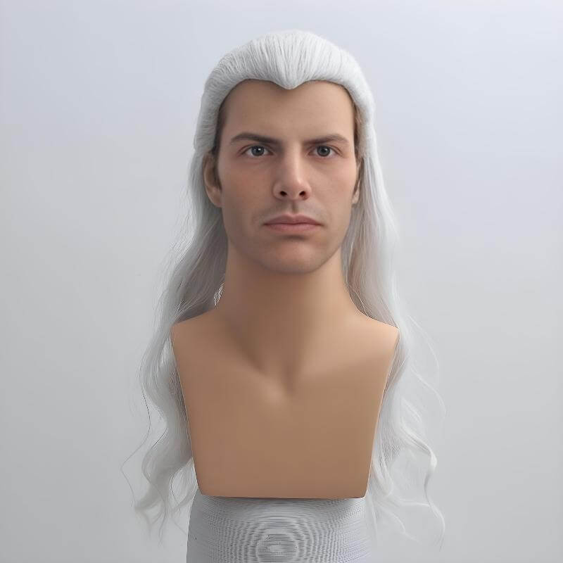 Witcher Cosplay Wig Men Silver White Widow's Peak Long Curly For Halloween Costume 