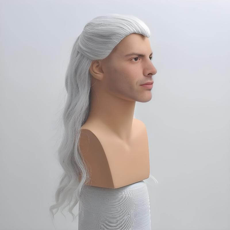 Witcher Cosplay Wig Men Silver White Widow's Peak Long Curly For Halloween Costume 