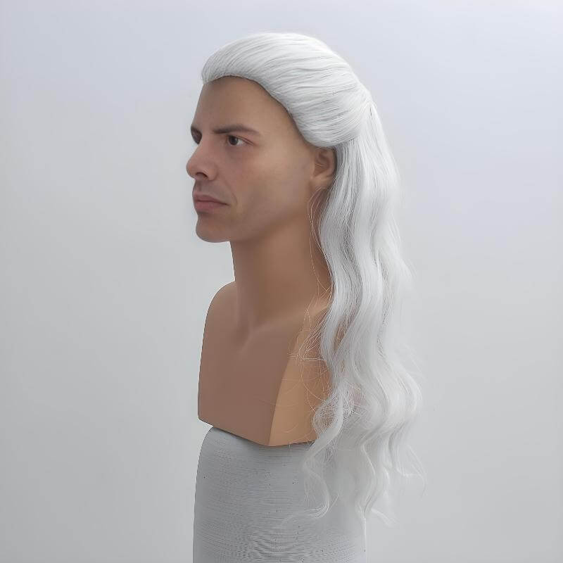 Witcher Cosplay Wig Men Silver White Widow's Peak Long Curly For Halloween Costume 