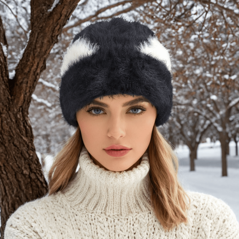 nevermindyrhead Black Faux Fur Cat Ears Beanie For Women Soft Warm Fuzzy Winter Hat Black