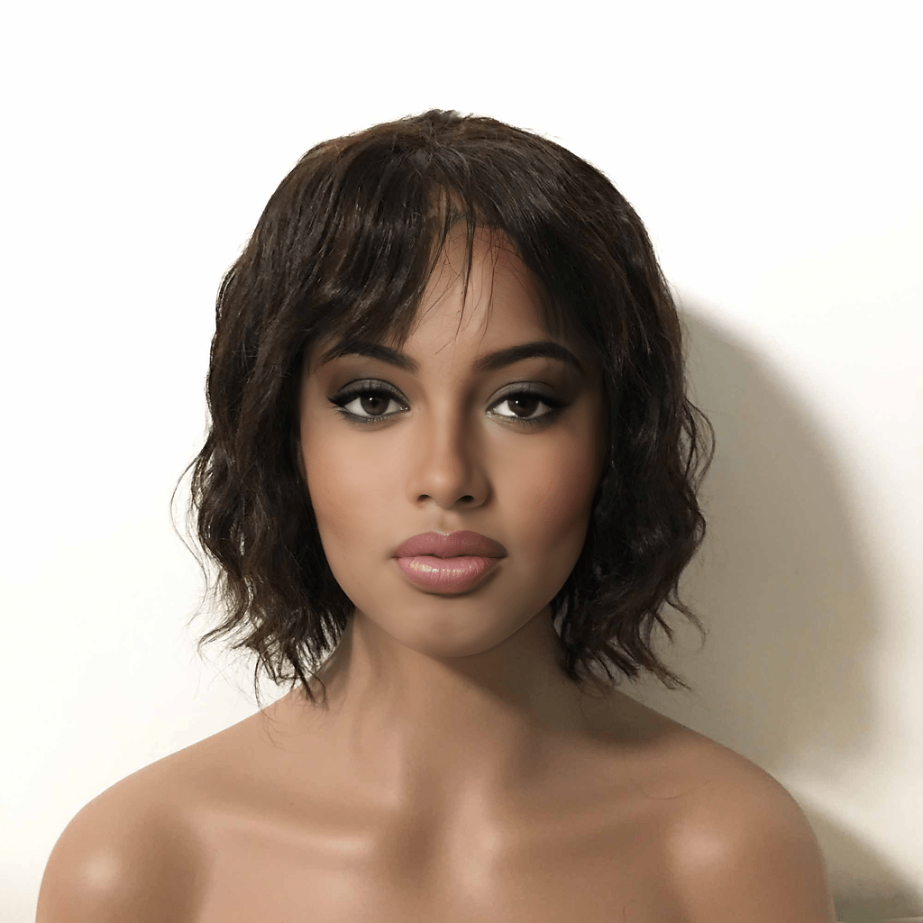 nevermindyrhead Black Human Hair Wig For Women Lace Front With Bangs Short Curly Natural Looking Glueless