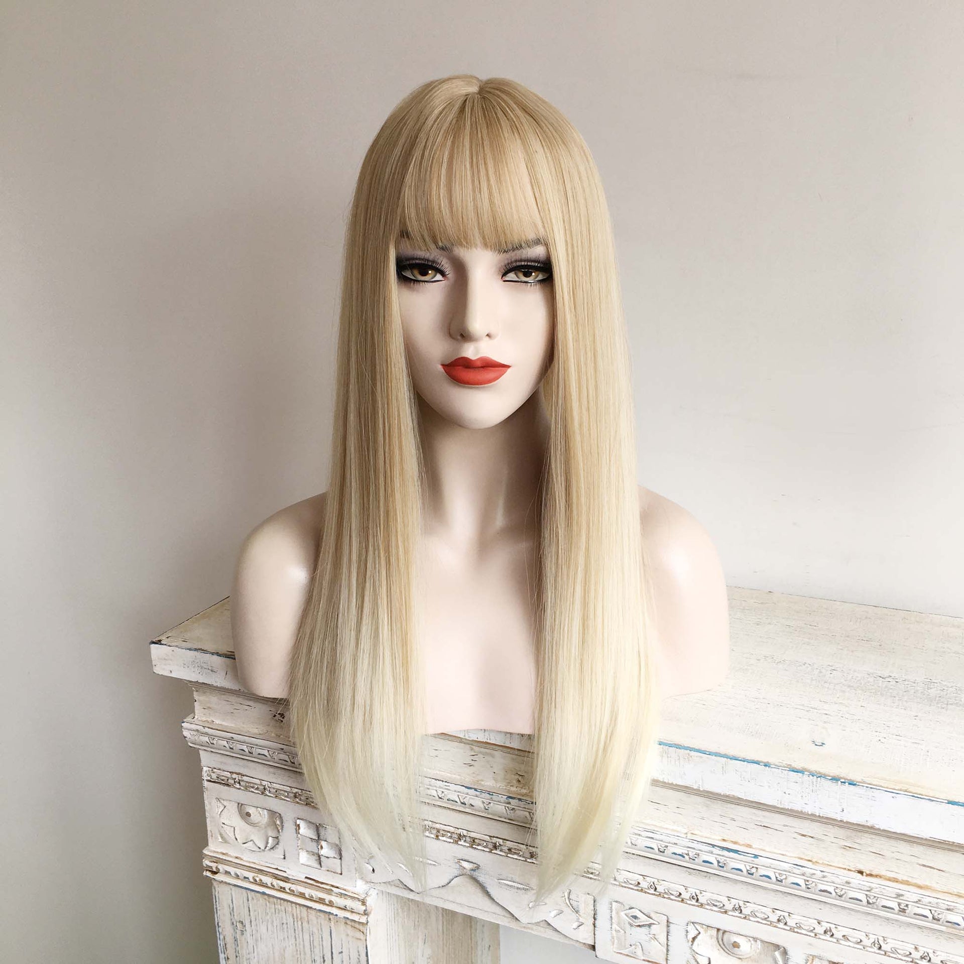 nevermindyrhead Blonde Ombre Long Straight Wig With Fringe Bangs Top Skin 4 Colours For Women 24 Inches Blonde