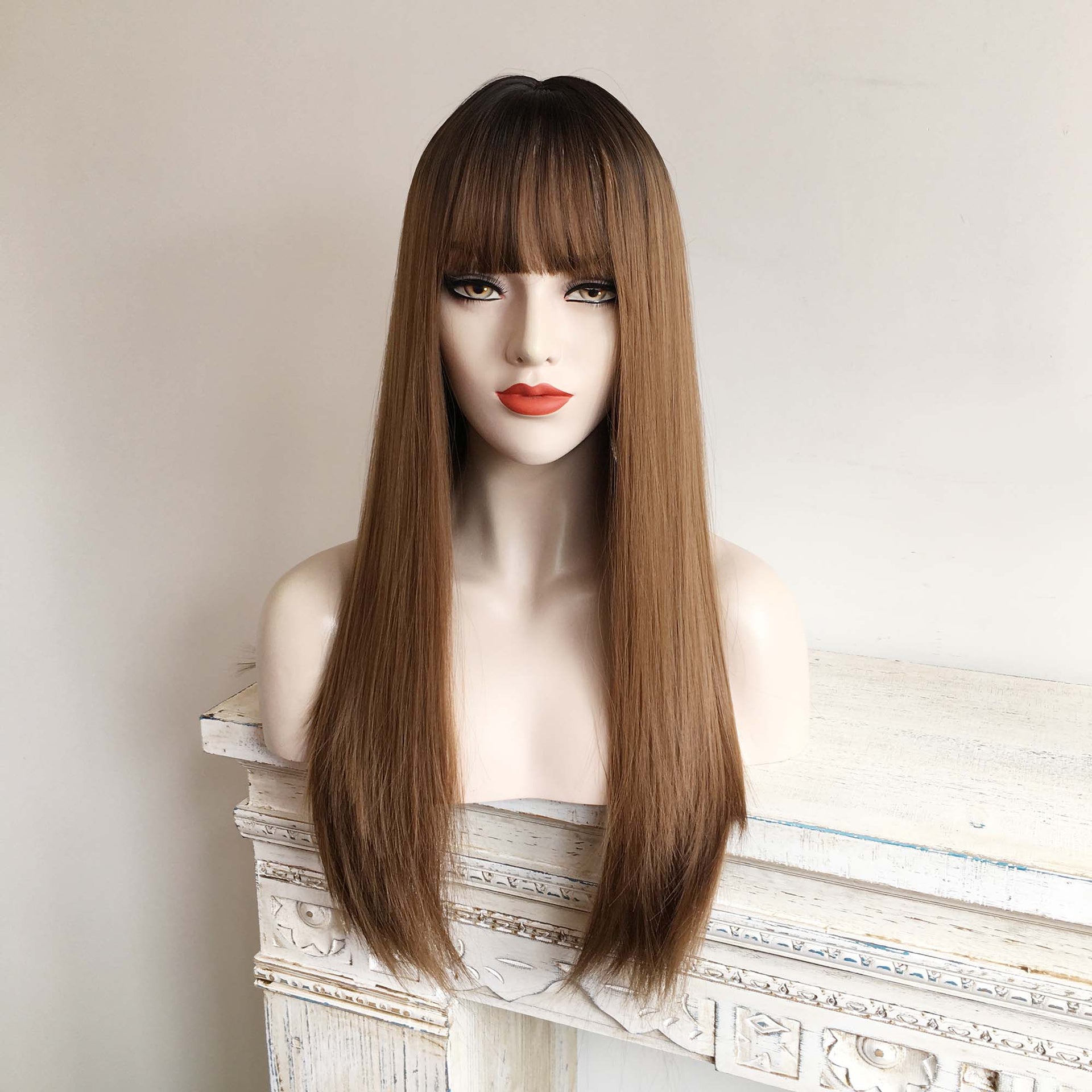 nevermindyrhead Blonde Ombre Long Straight Wig With Fringe Bangs Top Skin 4 Colours For Women 24 Inches Brown