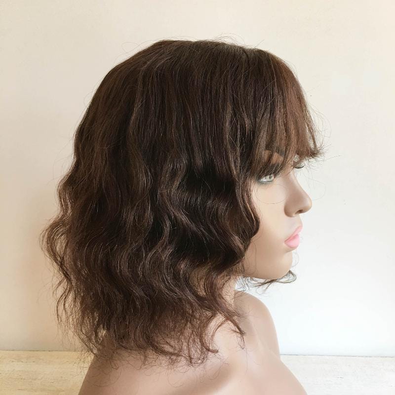 nevermindyrhead Dark Brown Human Hair Wig For Women Fringe Bangs Short Bob Curly Hair