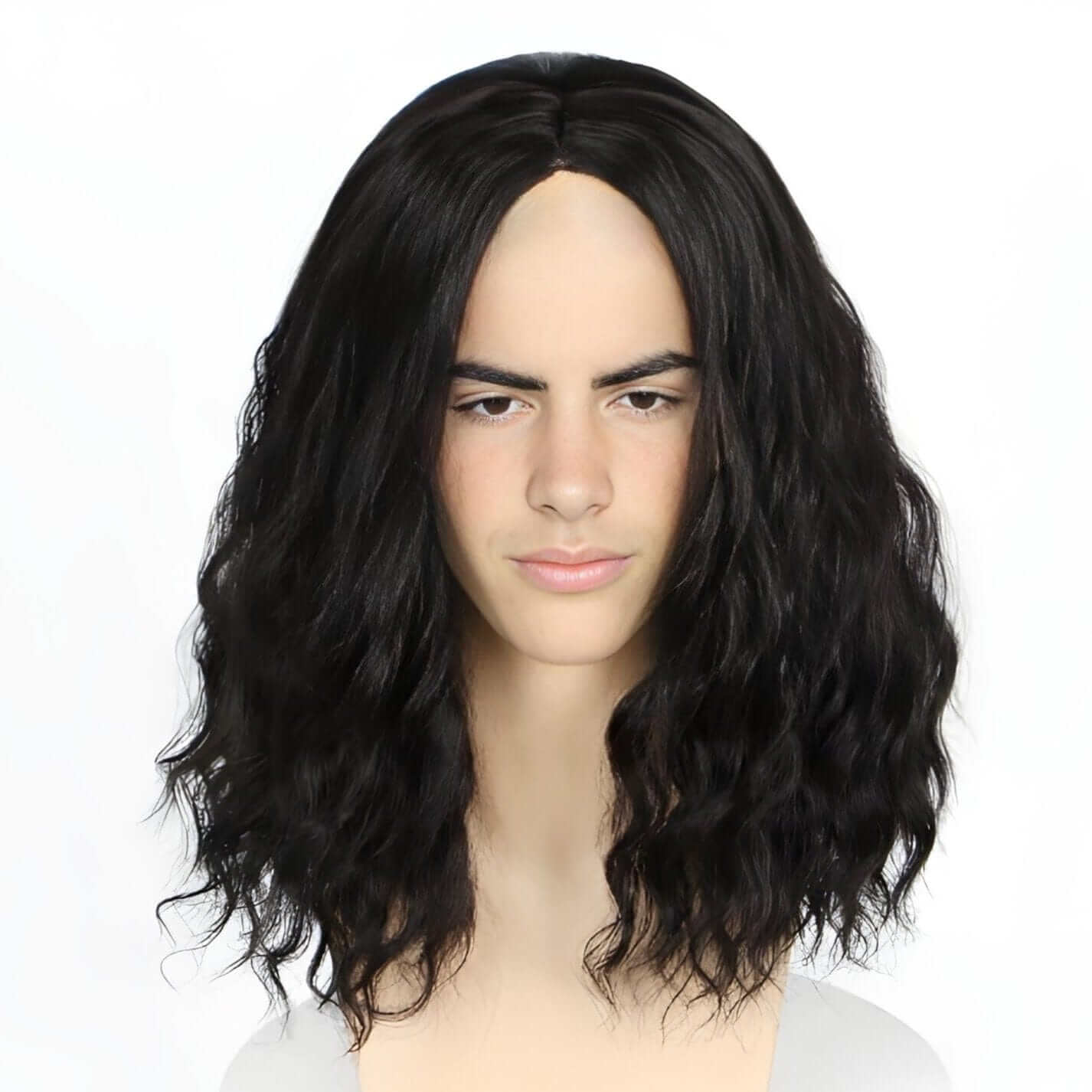 nevermindyrhead Men Black Long Curly Goth Wig Middle Part Thick For Cosplay Costume