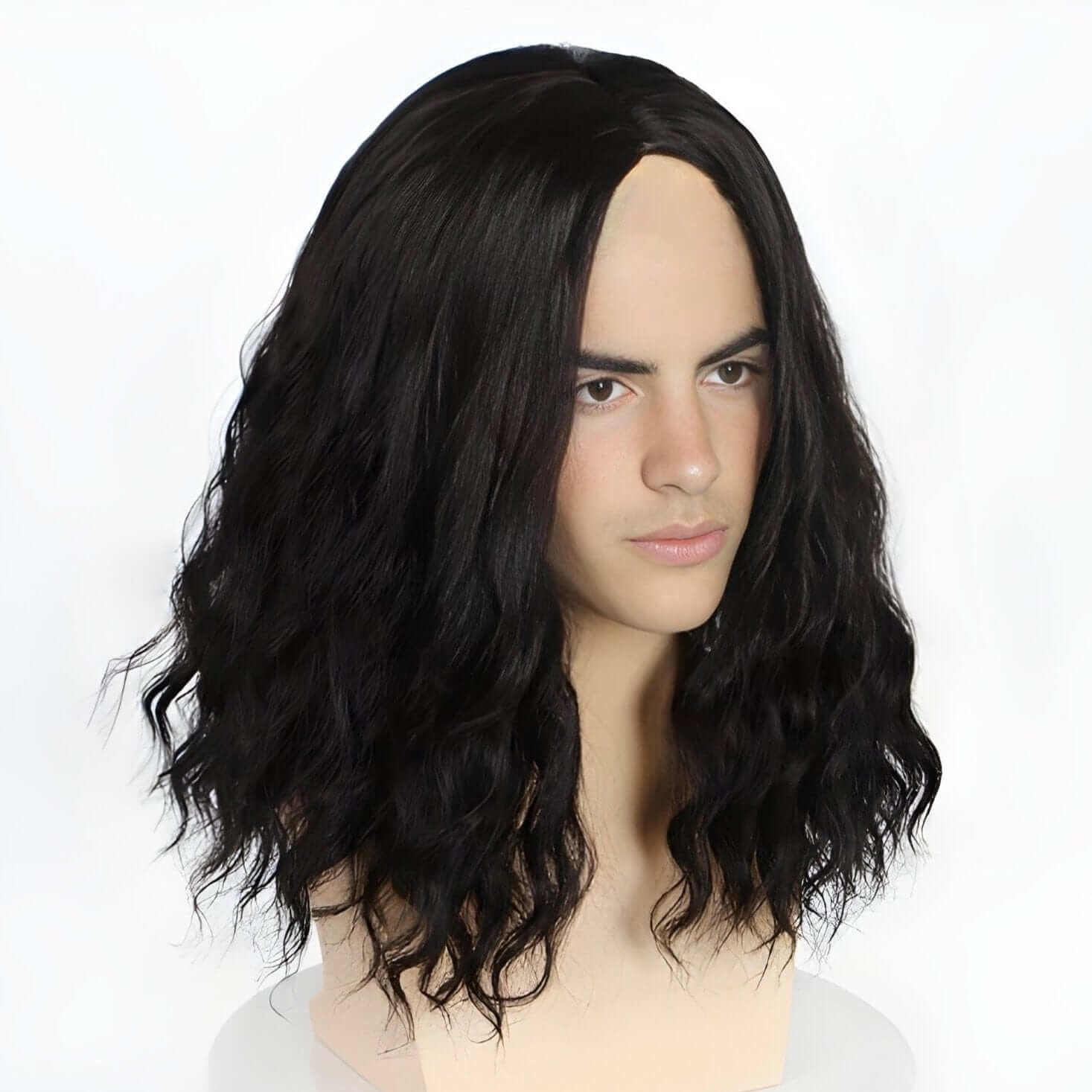 nevermindyrhead Men Black Long Curly Goth Wig Middle Part Thick For Cosplay Costume