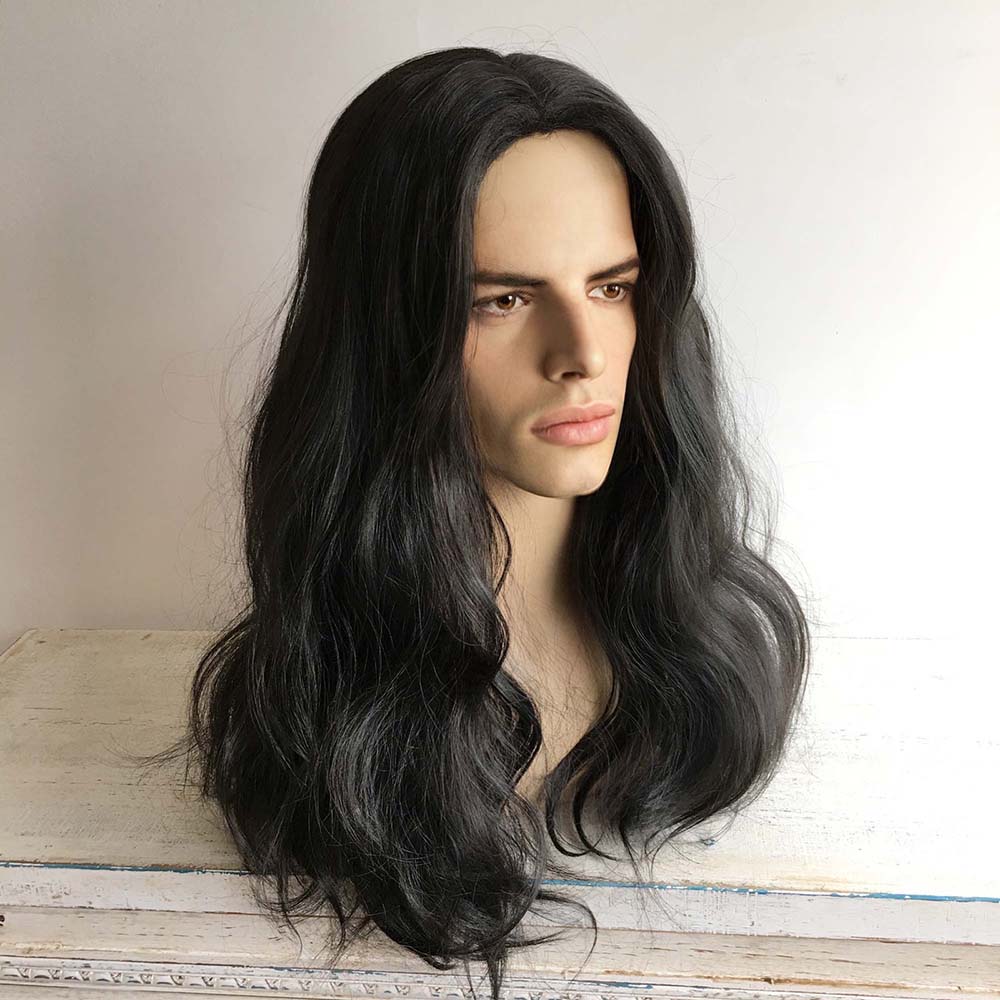 Men Black Long Wavy Middle Part Thick Volume Cosplay Wig