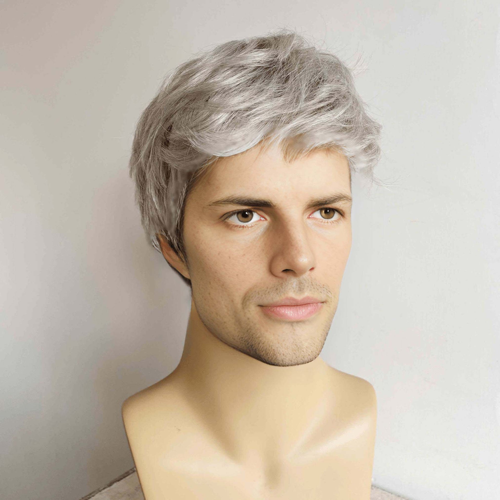 nevermindyrhead Men Gray Silver Wig With Bangs Short Straight Hair For Cosplay Costume Party