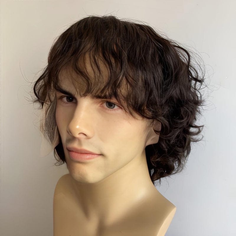 nevermindyrhead Men Human Hair Wig Black Lace Front Curly Short Hair With Bangs Messy Thick Realistic 13X6