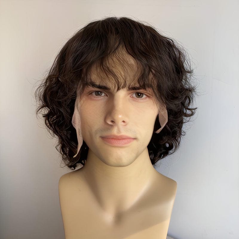 nevermindyrhead Men Human Hair Wig Black Lace Front Curly Short Hair With Bangs Messy Thick Realistic 13X6