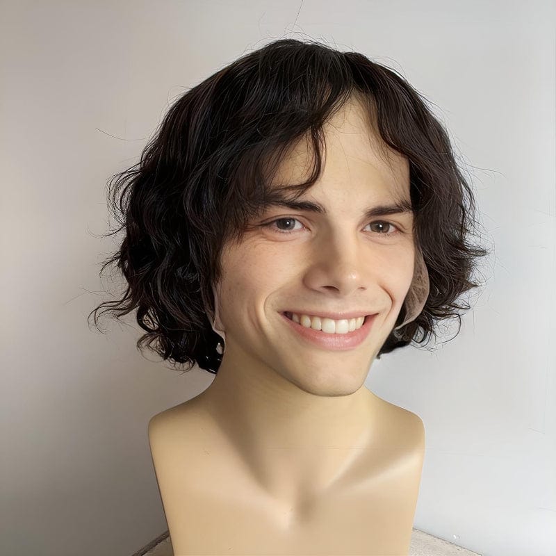 nevermindyrhead Men Human Hair Wig Black Lace Front Curly Short Hair With Bangs Messy Thick Realistic 13X6