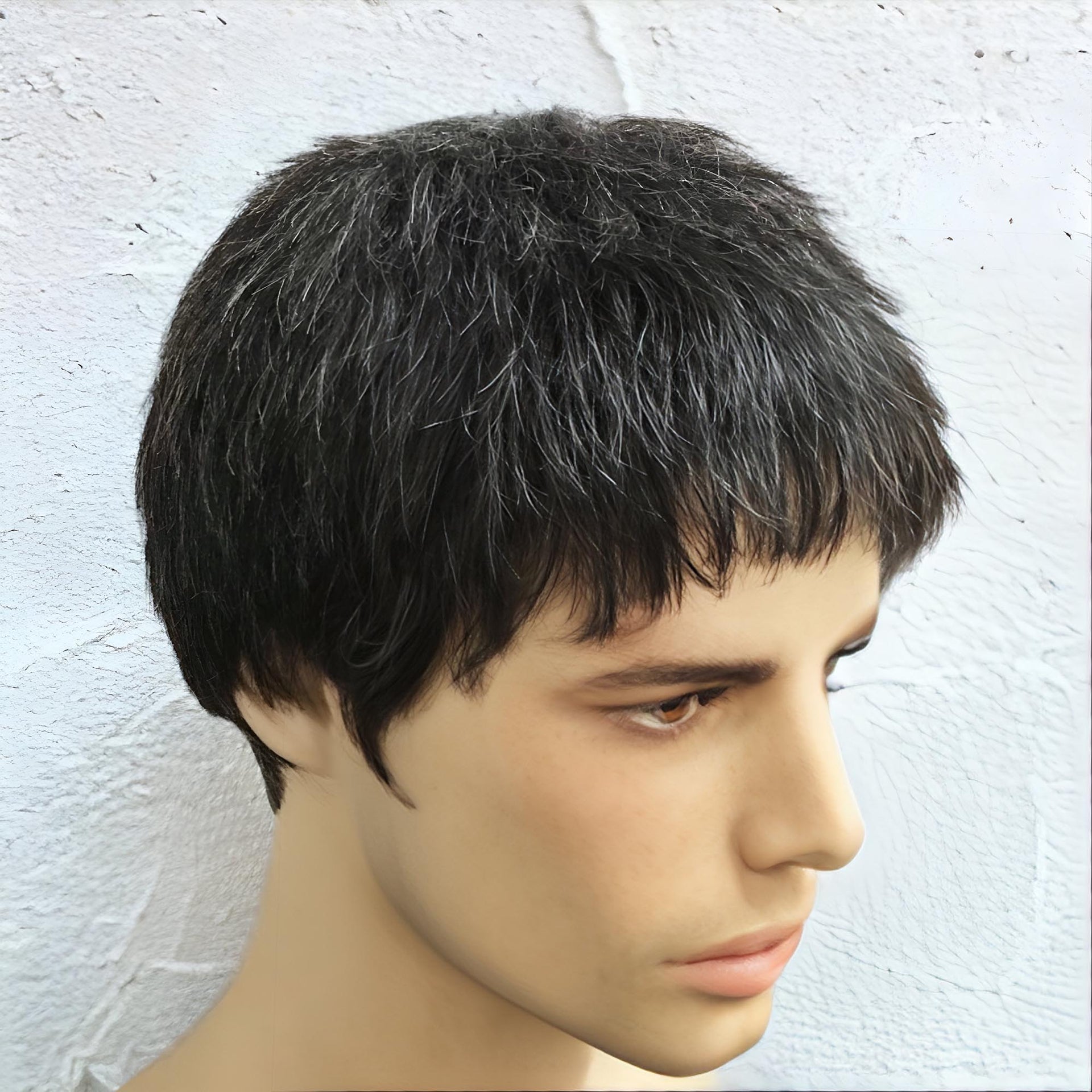 nevermindyrhead Men Natural Black Salt & Pepper 10% Silver White Real Human Hair Very Short Straight Flat Thin Bangs Wig