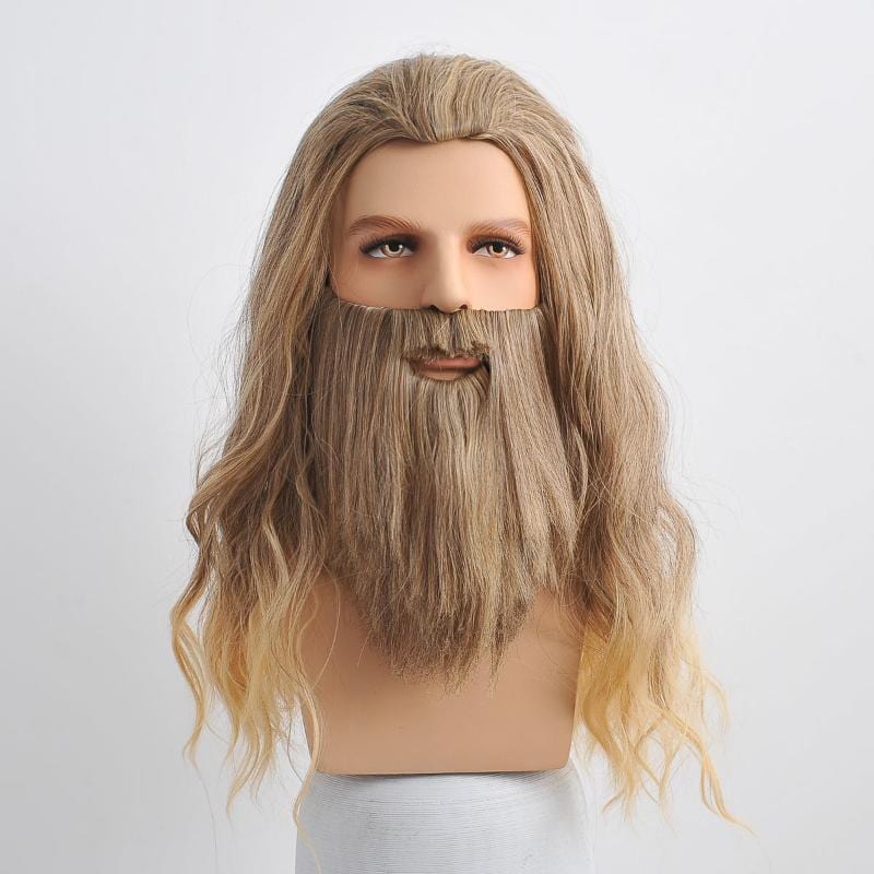 nevermindyrhead Men Ombre Brown Long Wavy Wig & Beard Set Ideal For Hero Fantasy Cosplay