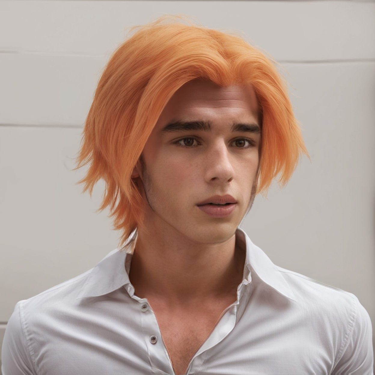 nevermindyrhead Men Orange Anime Cosplay Wig Short Straight Hair Middle Part Long Curtain Bangs