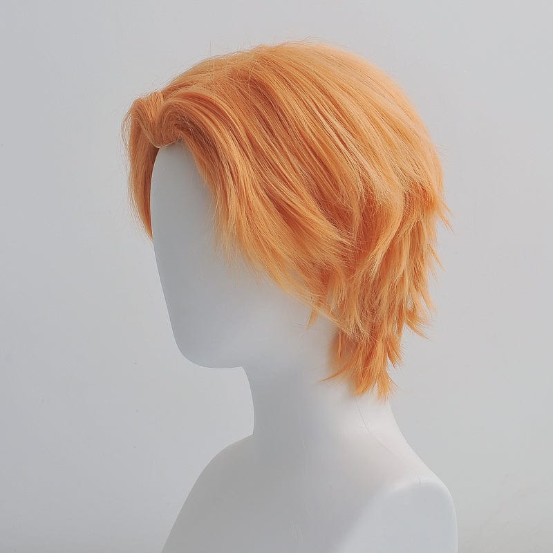 nevermindyrhead Men Orange Anime Cosplay Wig Short Straight Hair Middle Part Long Curtain Bangs