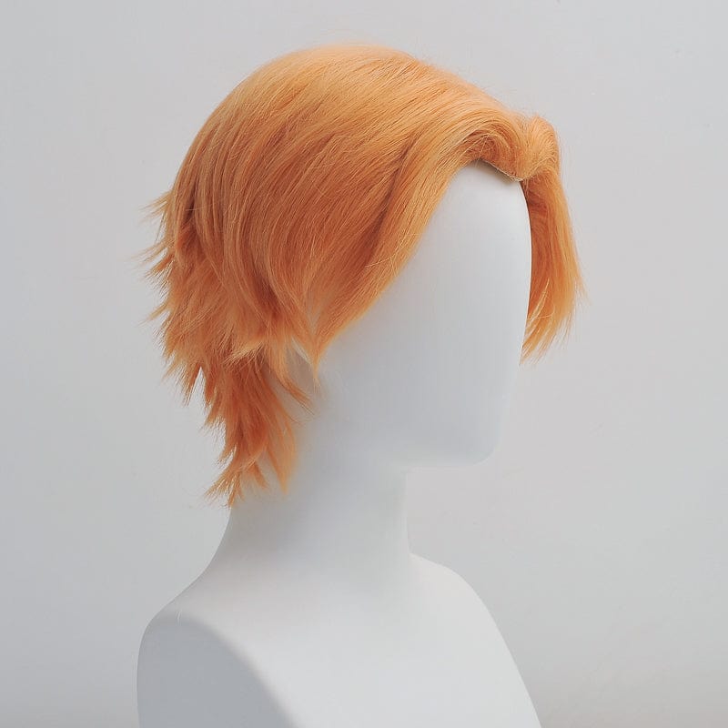 nevermindyrhead Men Orange Anime Cosplay Wig Short Straight Hair Middle Part Long Curtain Bangs