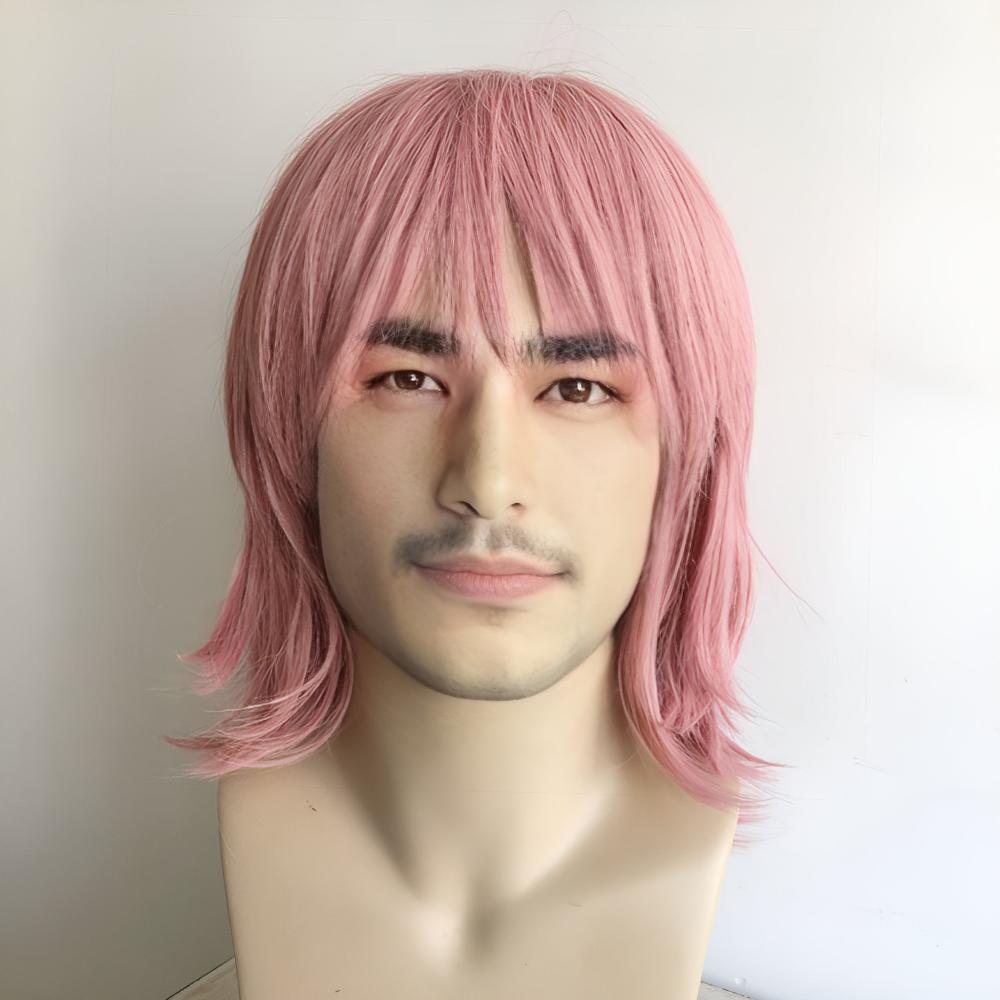 nevermindyrhead Men Pink Cosplay Wig With Bangs Short Straight Hair Layers Choppy Cutting