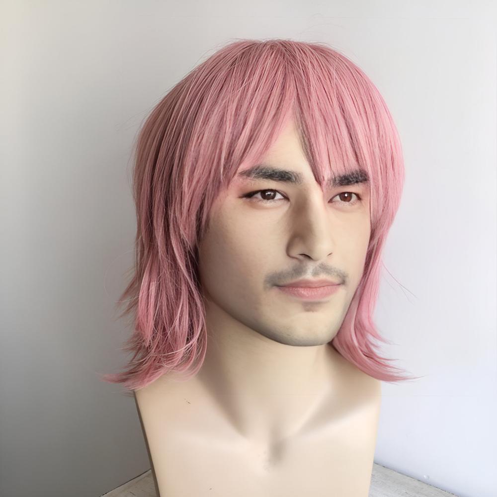 nevermindyrhead Men Pink Cosplay Wig With Bangs Short Straight Hair Layers Choppy Cutting