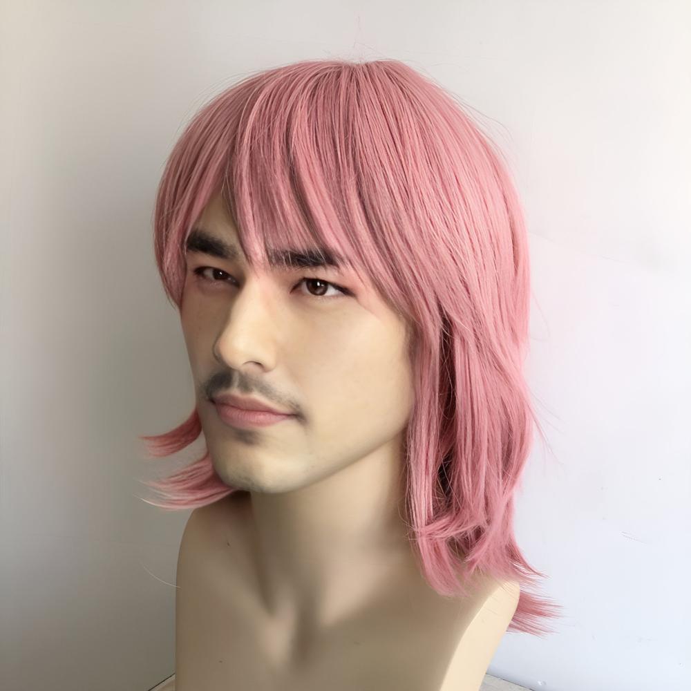 nevermindyrhead Men Pink Cosplay Wig With Bangs Short Straight Hair Layers Choppy Cutting