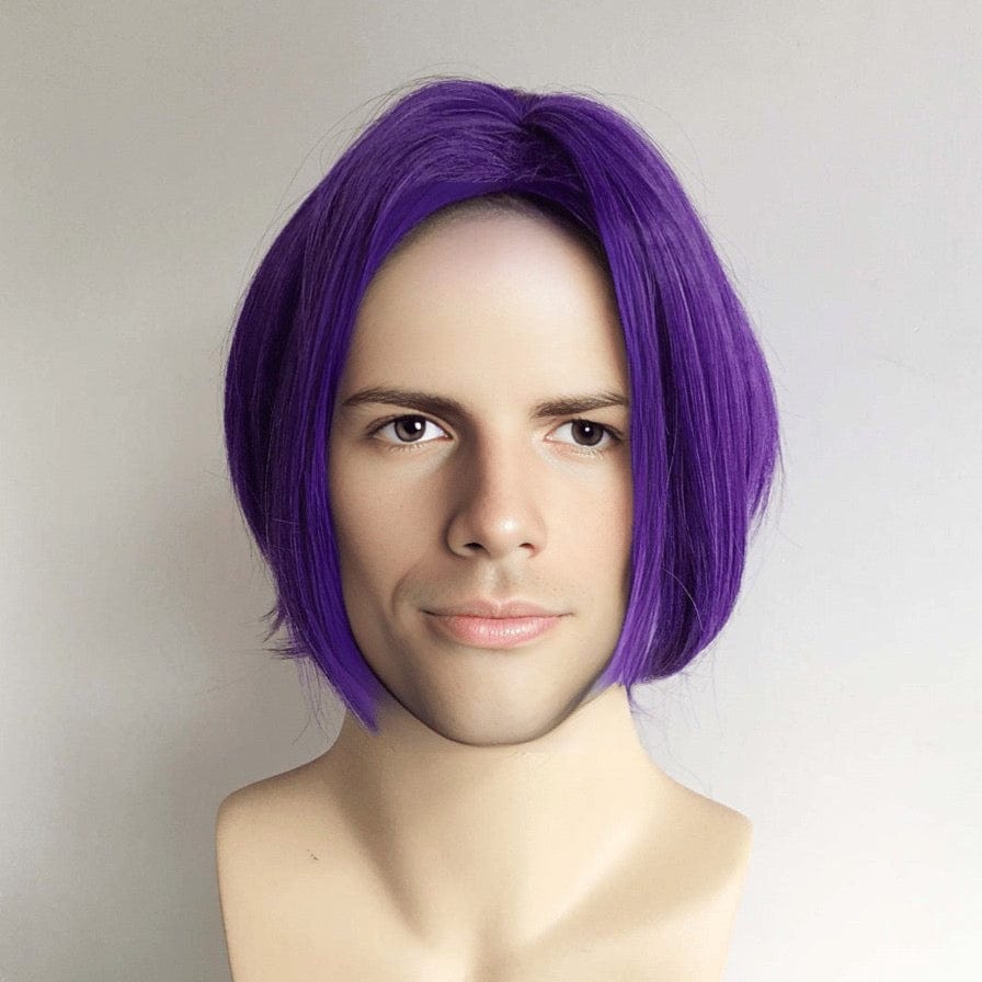 nevermindyrhead Men Unisex Purple Short Straight Long Curtain Bangs Middle Part Anime Cosplay Wig