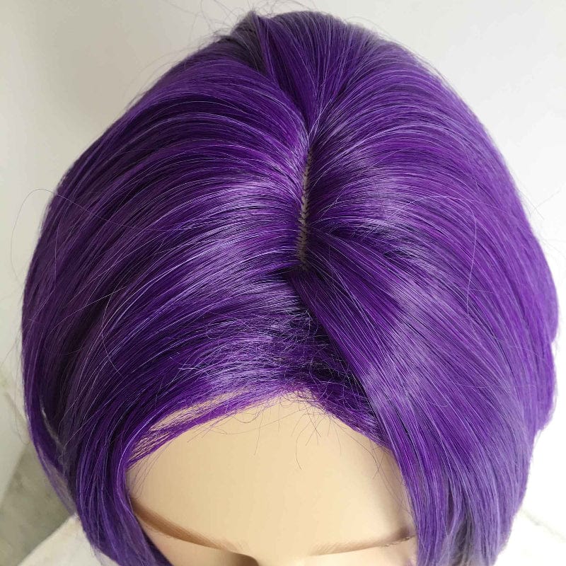 nevermindyrhead Men Unisex Purple Short Straight Long Curtain Bangs Middle Part Anime Cosplay Wig