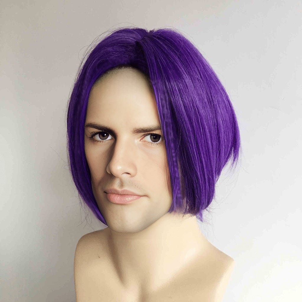 nevermindyrhead Men Unisex Purple Short Straight Long Curtain Bangs Middle Part Anime Cosplay Wig