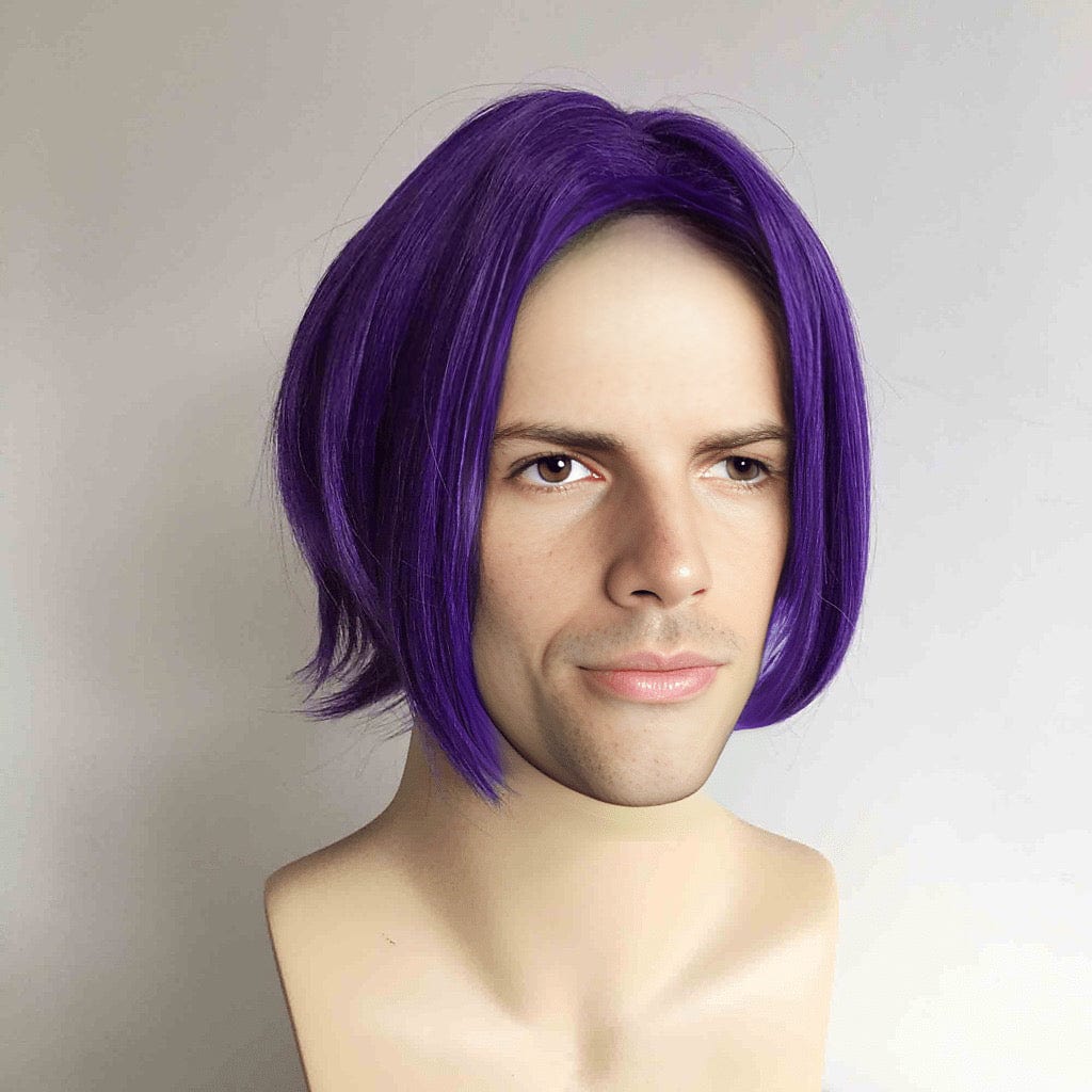 nevermindyrhead Men Unisex Purple Short Straight Long Curtain Bangs Middle Part Anime Cosplay Wig