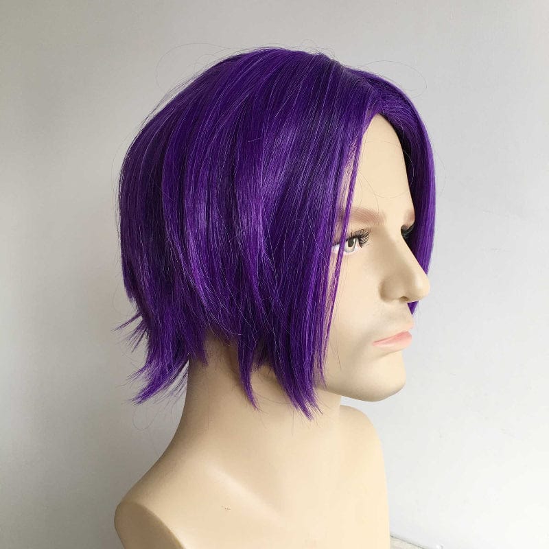 nevermindyrhead Men Unisex Purple Short Straight Long Curtain Bangs Middle Part Anime Cosplay Wig