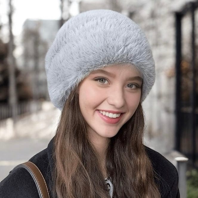 nevermindyrhead Pink Faux Fur Beanie for Women Soft Warm Fuzzy Winter Hat Gray