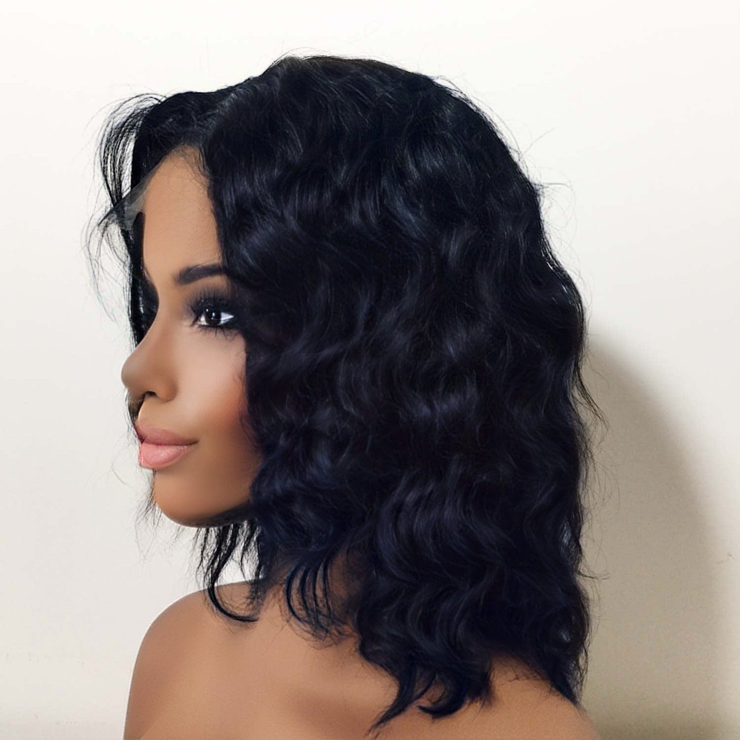 Women Black Human Hair wig. Lace Front Short Curly 10