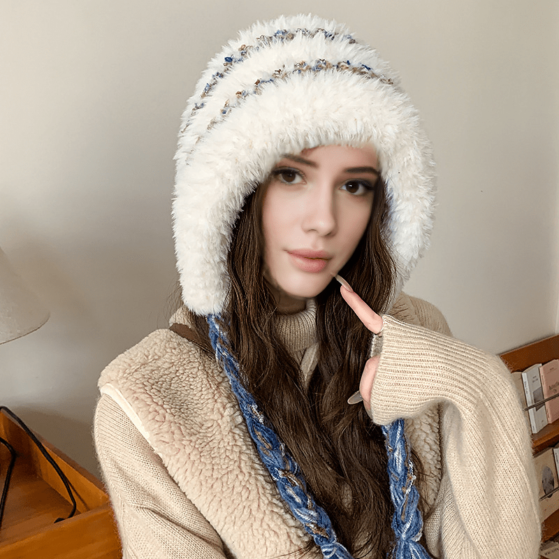 nevermindyrhead Women Black Knit Beanie Winter Snow Hat Cover Ears Flaps Long Tassels White