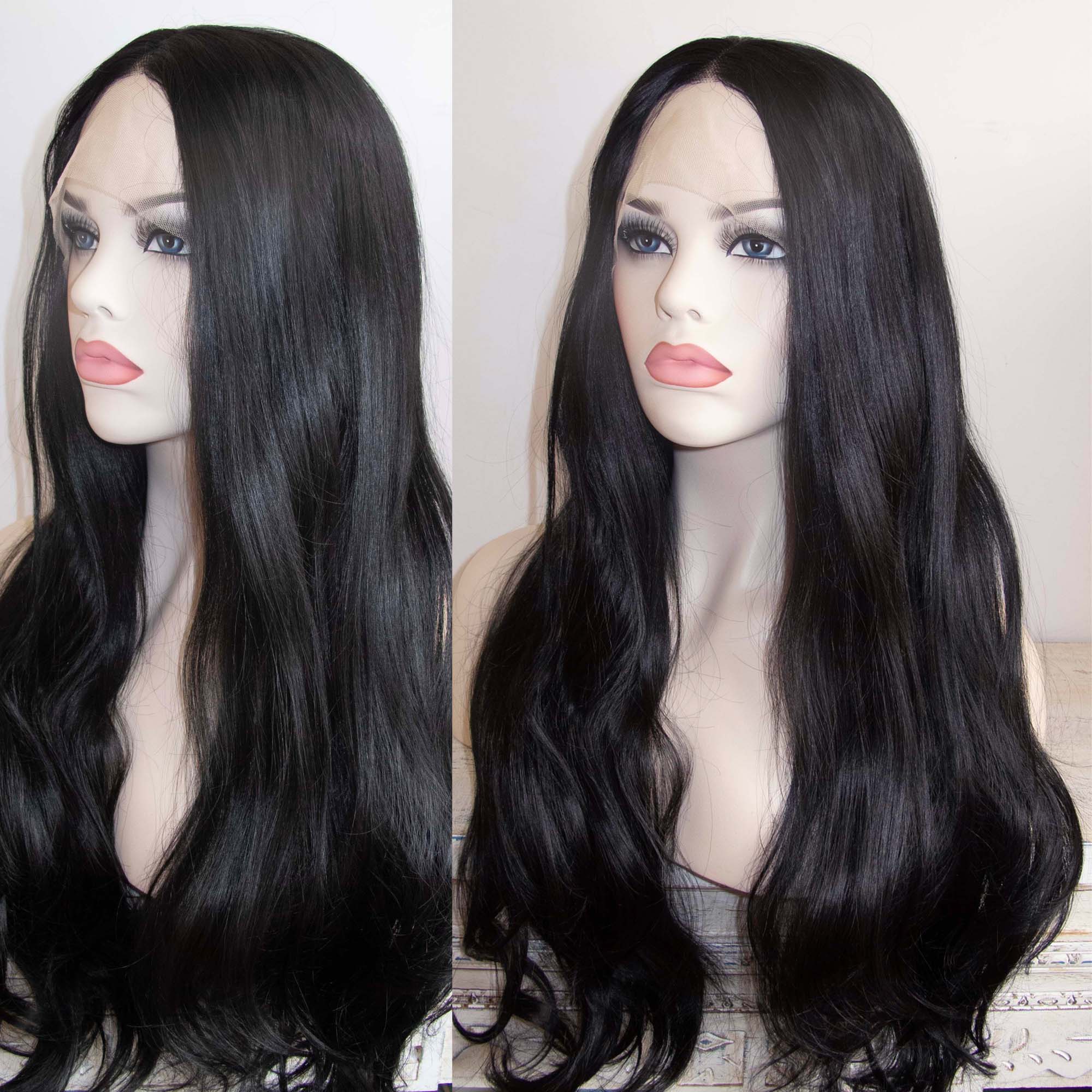 Women Black Lace Front Long Wavy Hair Thick Middle Part Wig 24