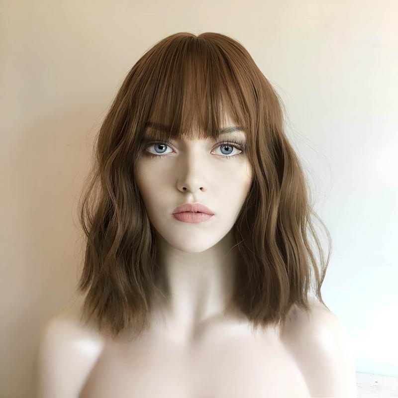 nevermindyrhead Women Brown Wavy Natural Looking Medium Length Wig With Bangs