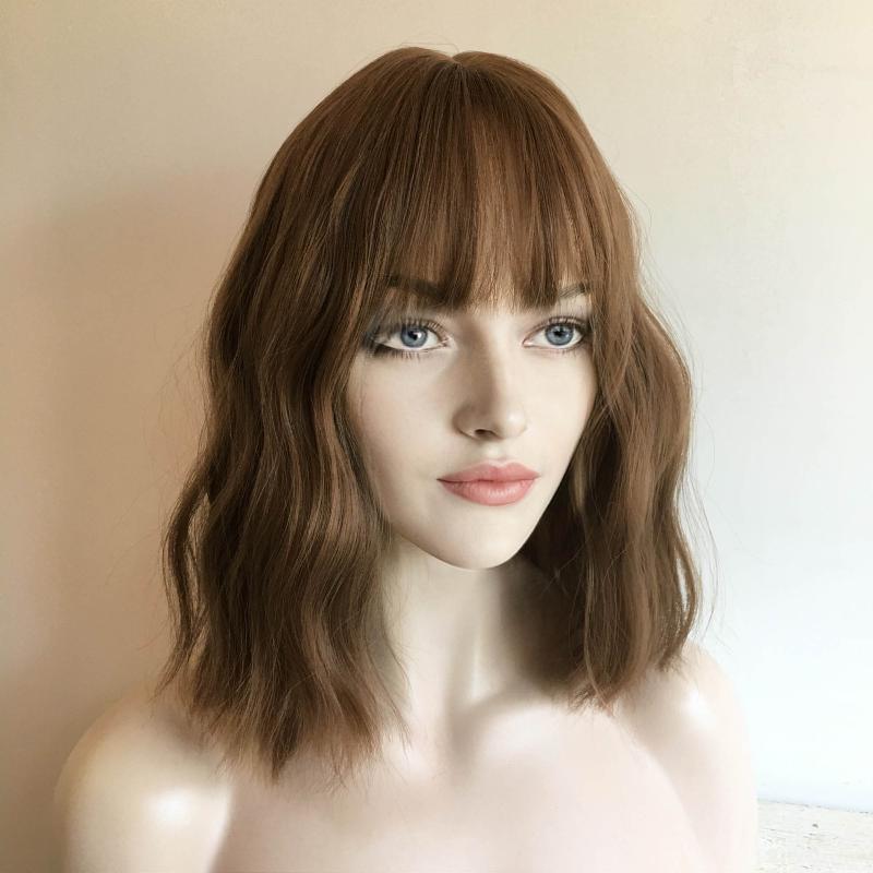 nevermindyrhead Women Brown Wavy Natural Looking Medium Length Wig With Bangs