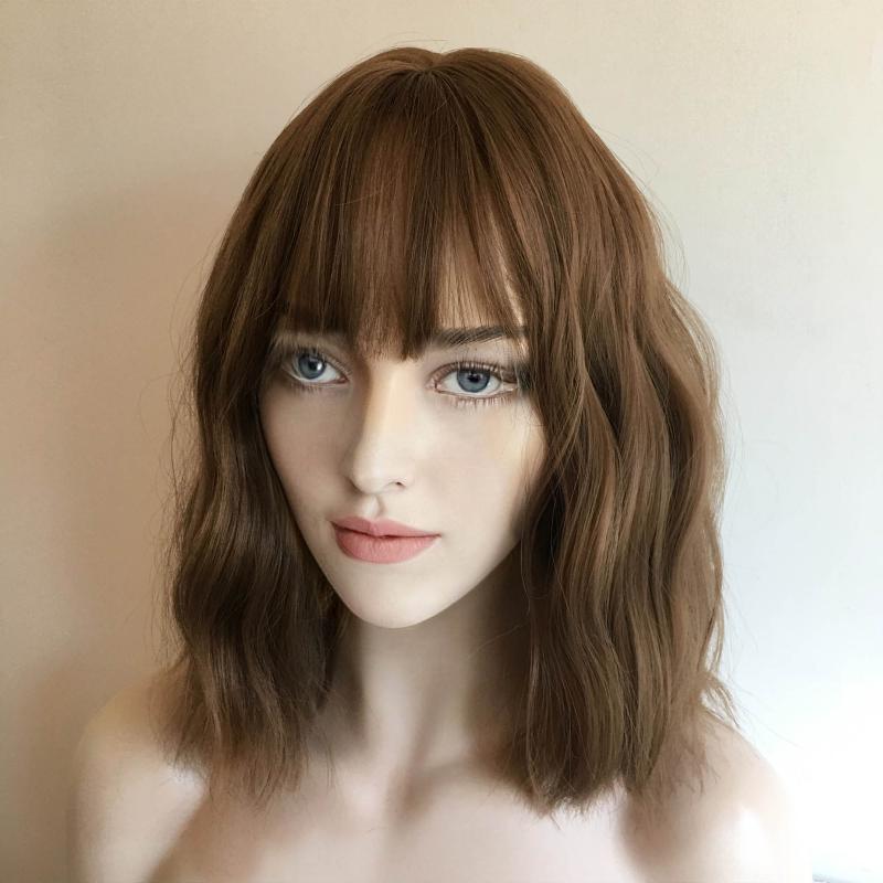 nevermindyrhead Women Brown Wavy Natural Looking Medium Length Wig With Bangs