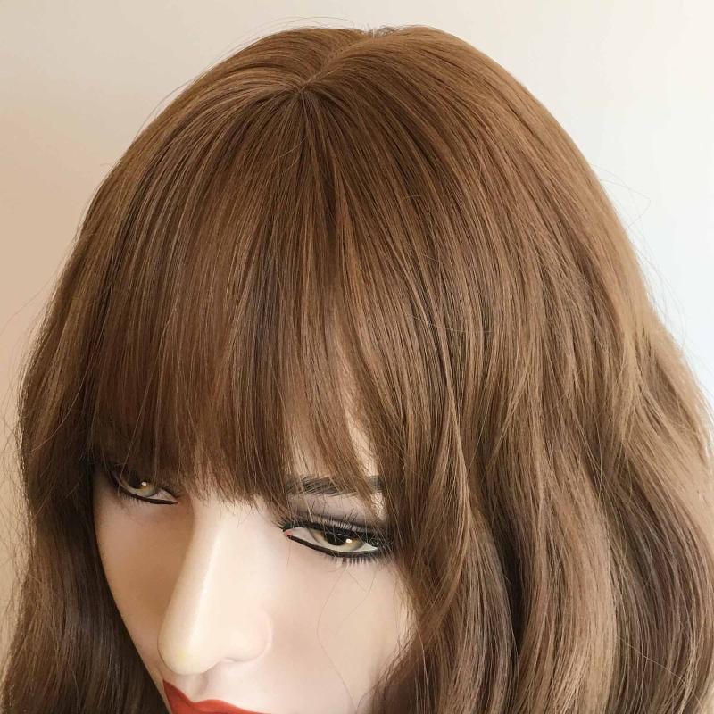 nevermindyrhead Women Brown Wavy Natural Looking Medium Length Wig With Bangs