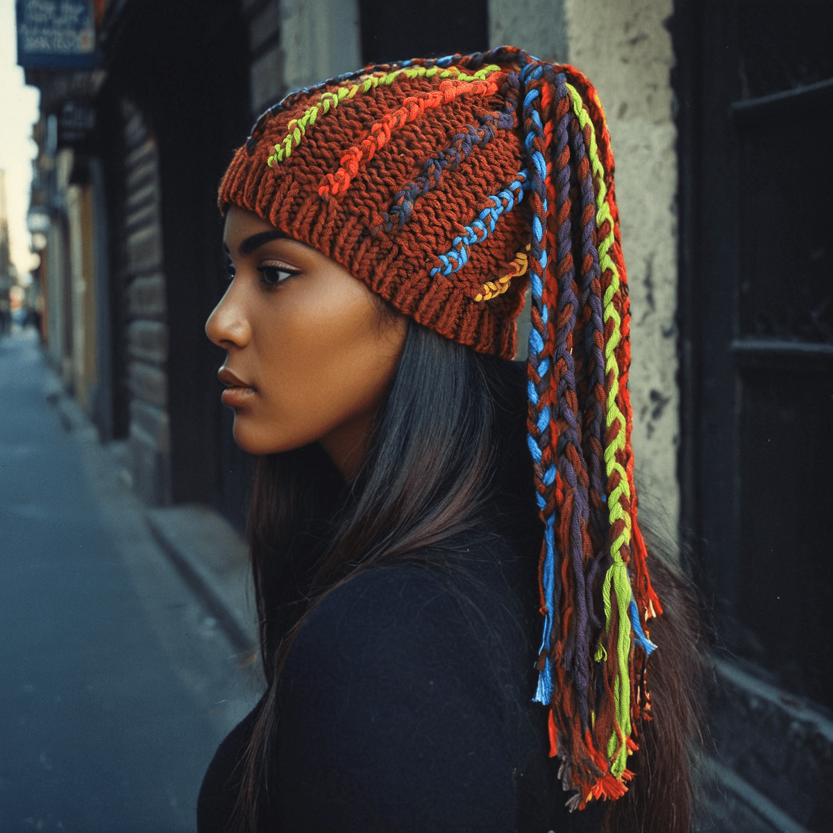 nevermindyrhead Women Chunky Knit Beanie Ethnic Bohemian Style Brown Long Ponytail Tassels