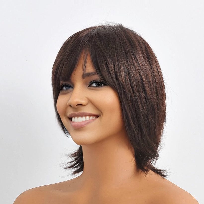 nevermindyrhead Women Dark Brown Human Hair Wig Short Wig With Bangs Straight Choppy Cutting