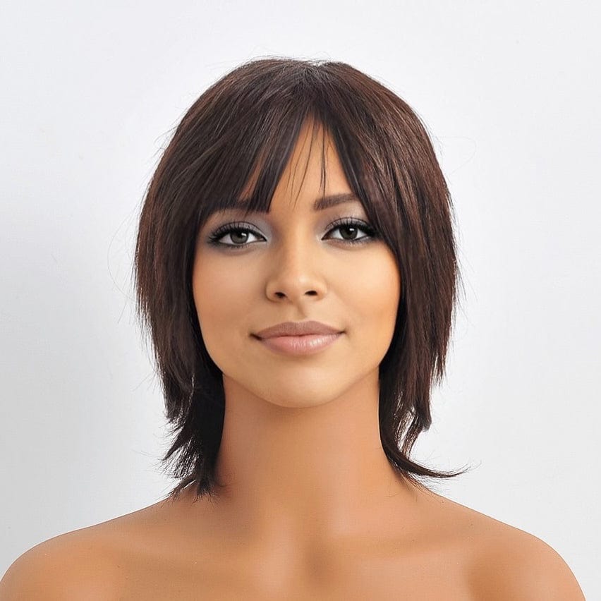 nevermindyrhead Women Dark Brown Human Hair Wig Short Wig With Bangs Straight Choppy Cutting